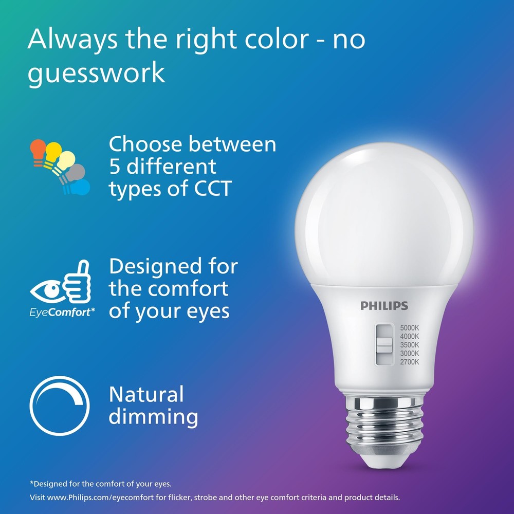 LED Light Bulbs 100W A19 4 Pack Selectable Dimmable Flicker Free Philips