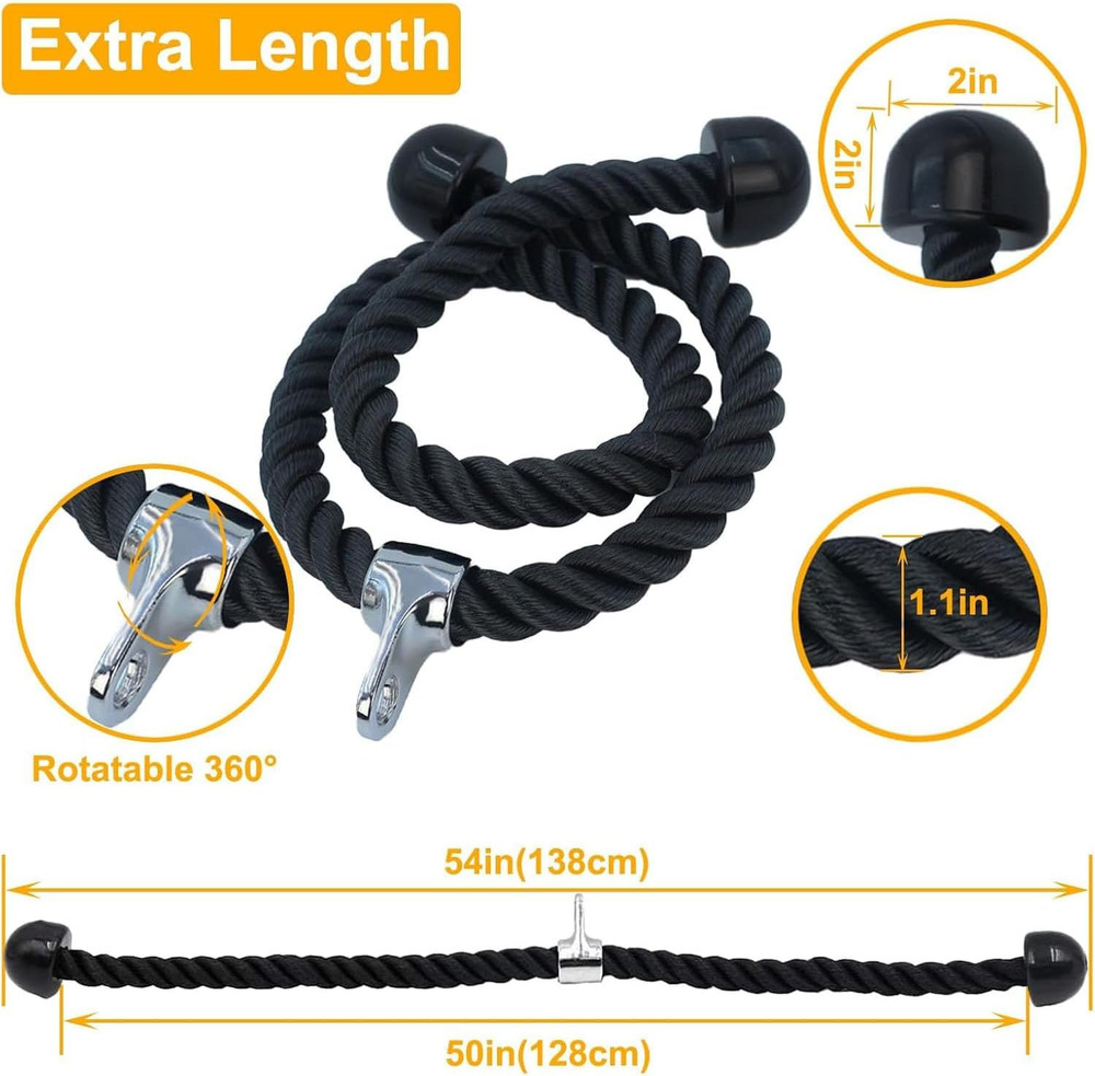Double Length Tricep Pull Down Rope - 54 Inches Attachment for Cable Machine - H