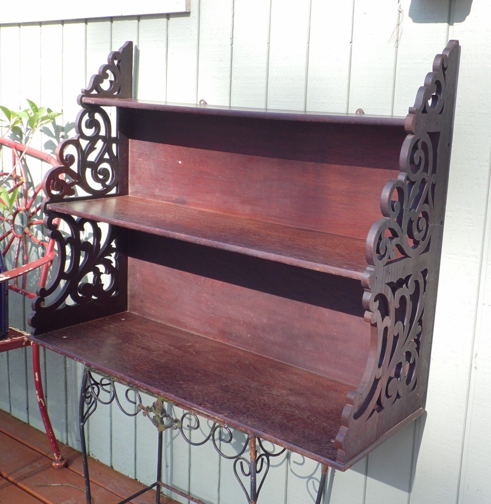 Antique Victorian Solid Walnut Shelf Bookcase Wall Shelf Hanging Fretwork Shelf