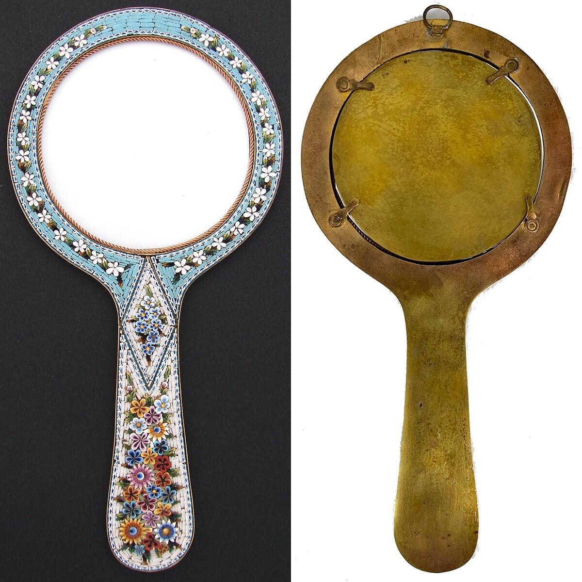 Antique Italian Micro Mosaic 9 7/8" Picture Frame, Vanity or Hand Mirror Shape