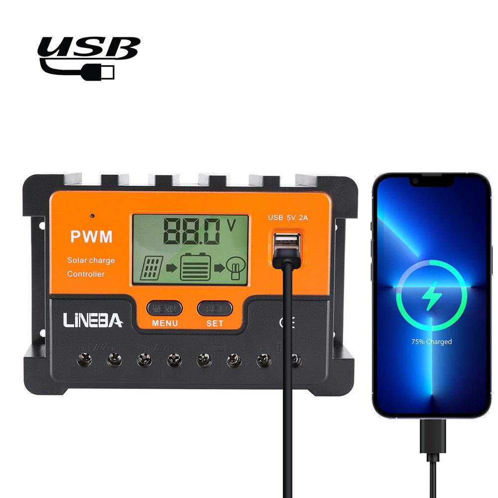 Solar Panel Battery Charge Controller 12V/24V LCD Regulator Auto Track Dual USB