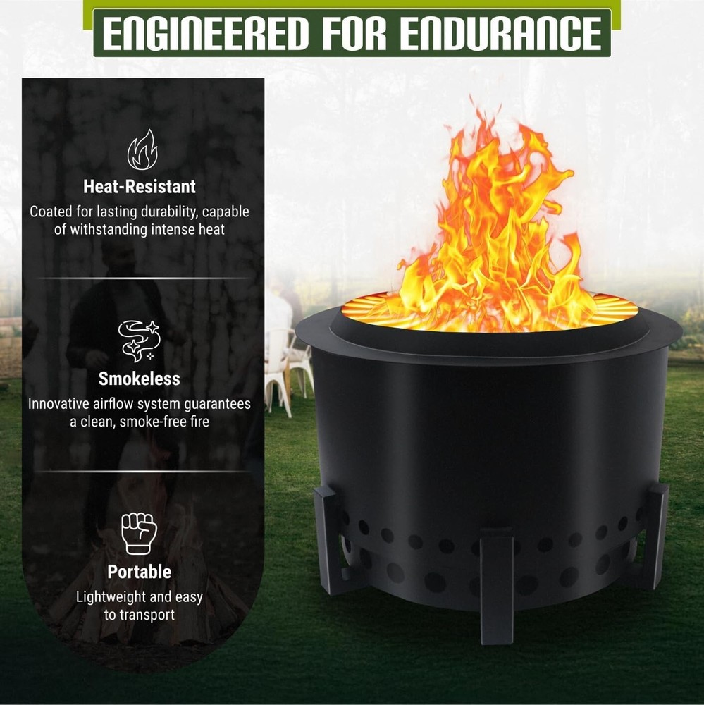 FEBTECH 21.6" Smokeless Fire Pit with Round Tabletop & Firewood Storage Shelf
