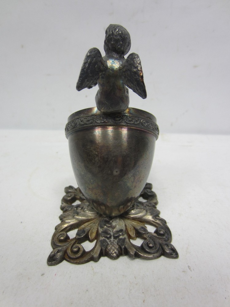 Antique Silverplated Cherub on Egg Toothpick Holder