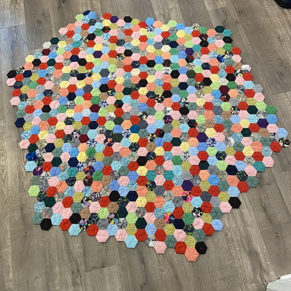 Vintage Patchwork Quilt w Hexagon Pattern Hand Made Hand Stitched Retro