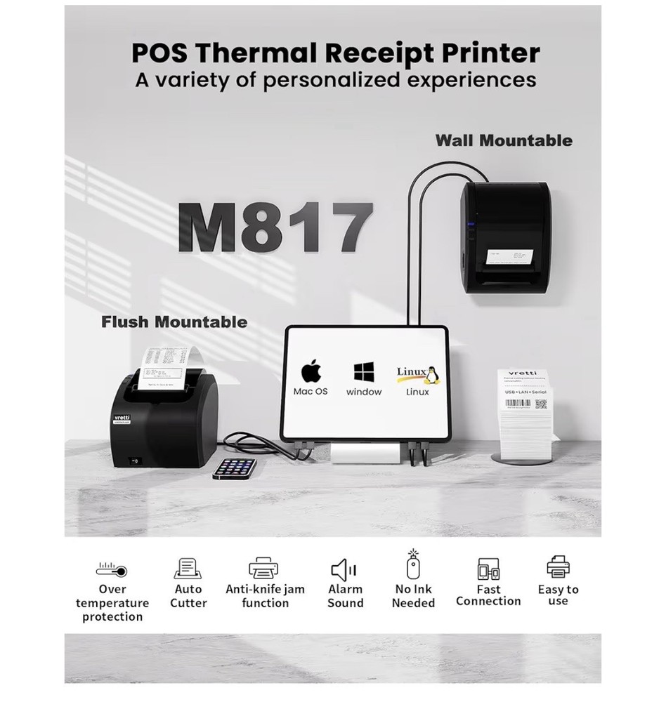 vretti Thermal Receipt Printer, 3'1/8 80mm USB POS Printer,