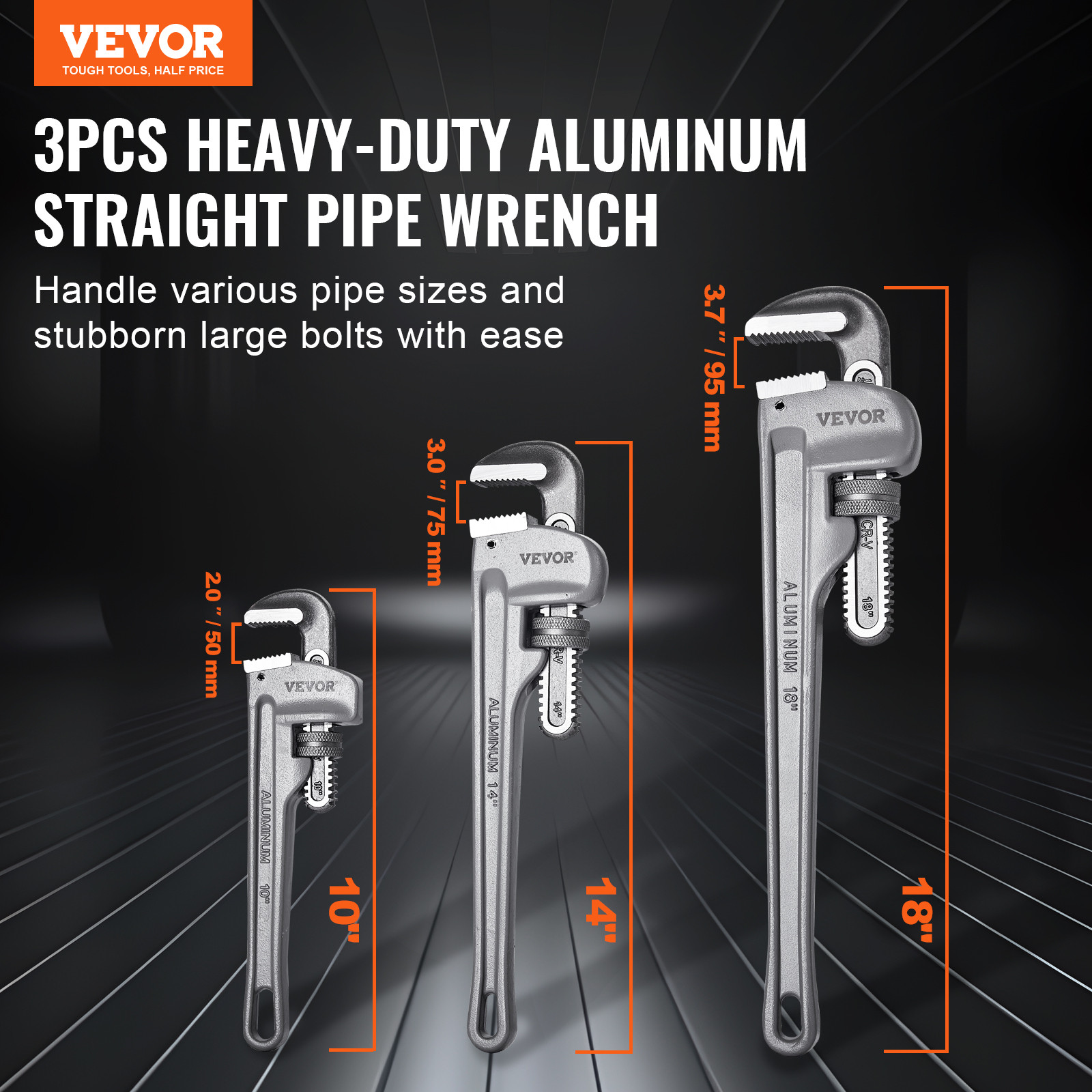 VEVOR 3PCS Aluminum Straight Pipe Wrench Set 10/14/18 in Plumbing Wrench CRV Jaw