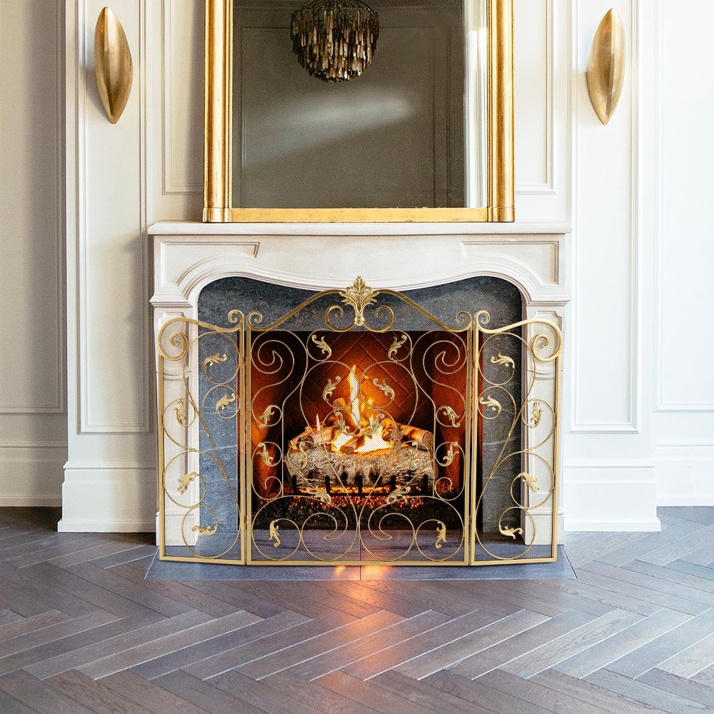 Retro Gold 3-Panel Foldable Fireplace Screen with Acanthus Leaf Design