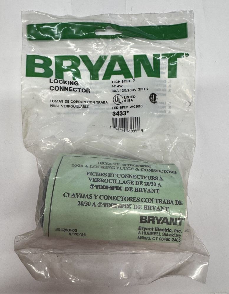 Bryant 3433 Locking Connector, 4P 4W 30A 120/208V 3PH