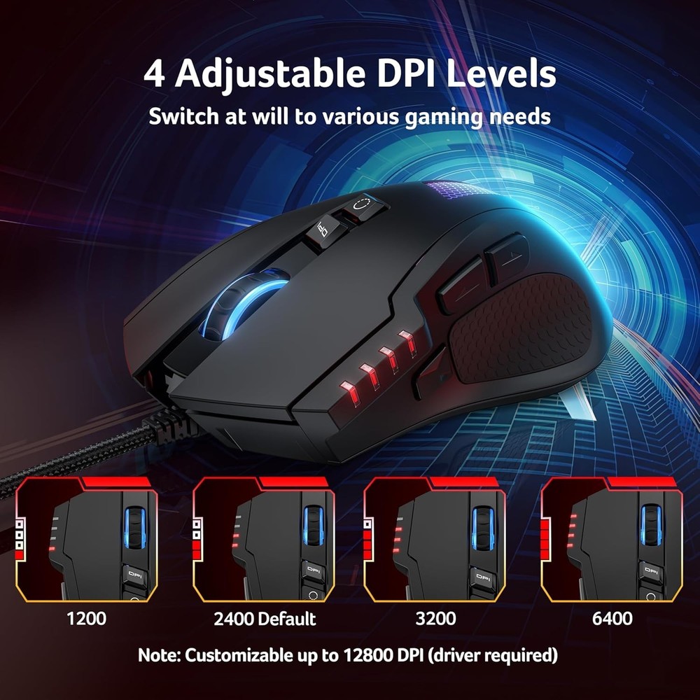 Wired Gaming Mouse, 12,800 DPI RGB Ergonomic Computer Mouse with Optical Sensor,