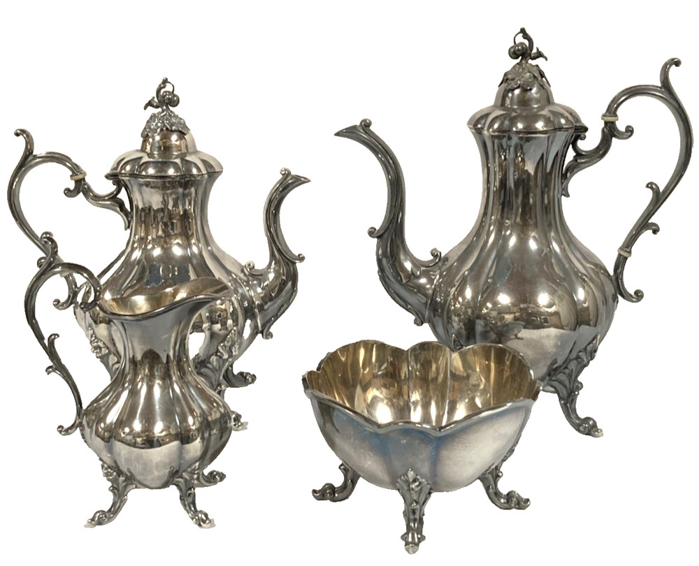 Reed & Barton Silverplated Coffee & Tea Set Winthrop #1795 w/ Pumpkin Finial