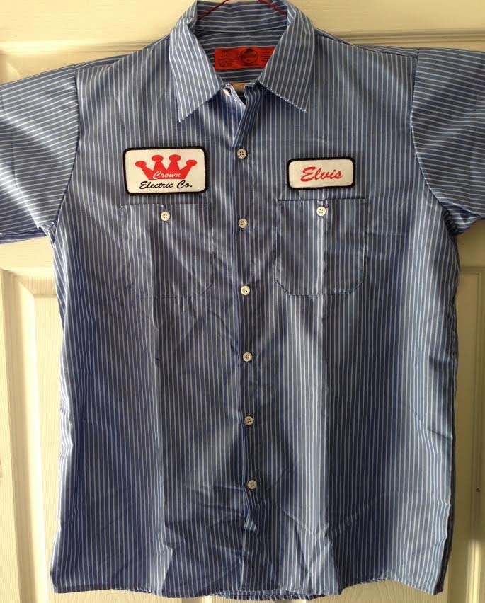 ELVIS Crown Electric Patch Striped Mechanic WORK SHIRT Kustom Rockabilly punk