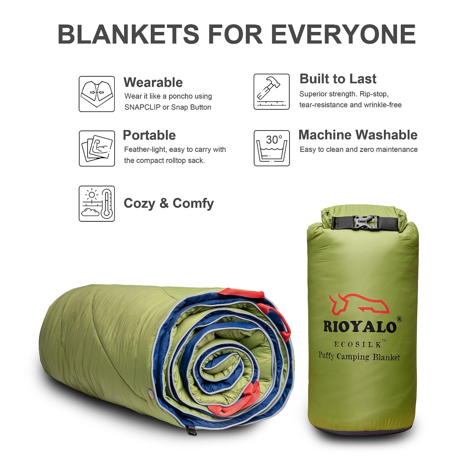 RIOYALO Puffy Camping Blanket Waterproof Backpacking Hiking Wearable XL Washable