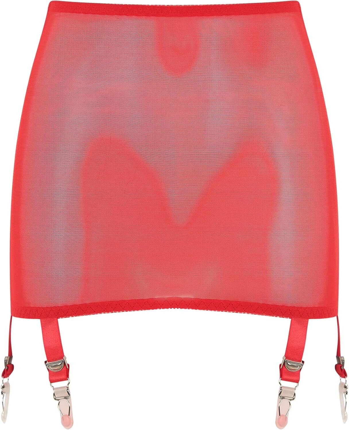 Luxallacki High Waist Sheer Mesh Garter Girdle 6 Straps Belt Mini Skirt Lingerie