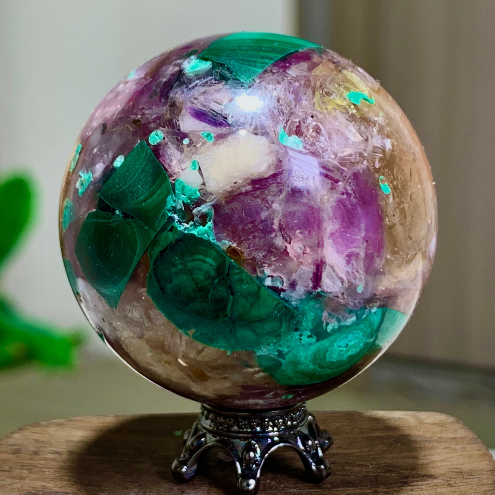 79G Newly discovered rare malachite purple mica symbiotic sphere restoration