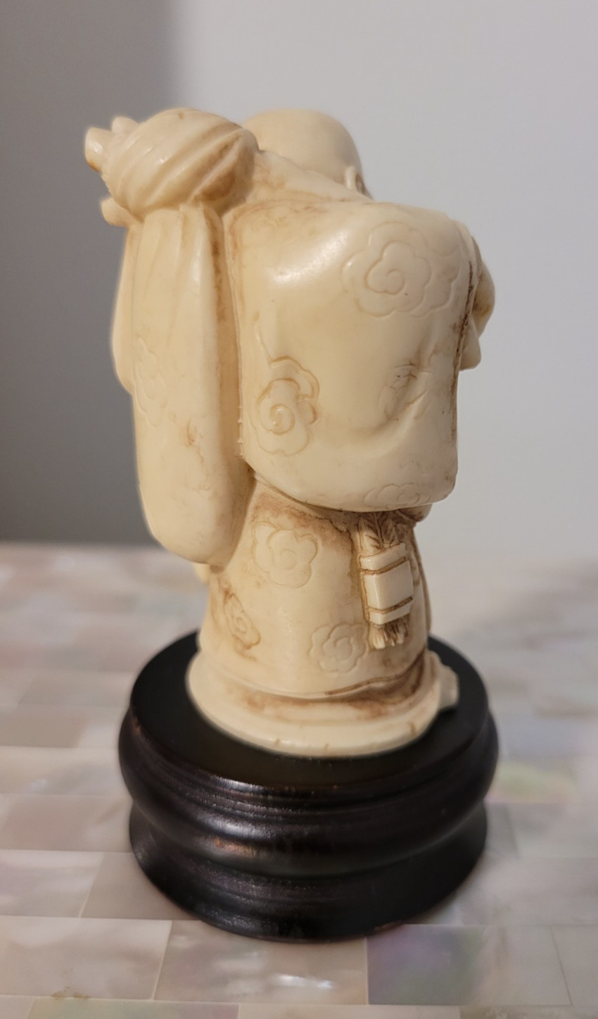 Vintage Japanese Carved Happy Buddha Figurine on Wood Stand 3-3/4" tall