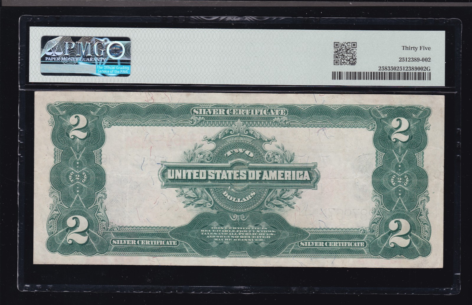 US 1899 $2 M&A Silver Certificate Note FR 258 PMG 35 Ch VF (967)