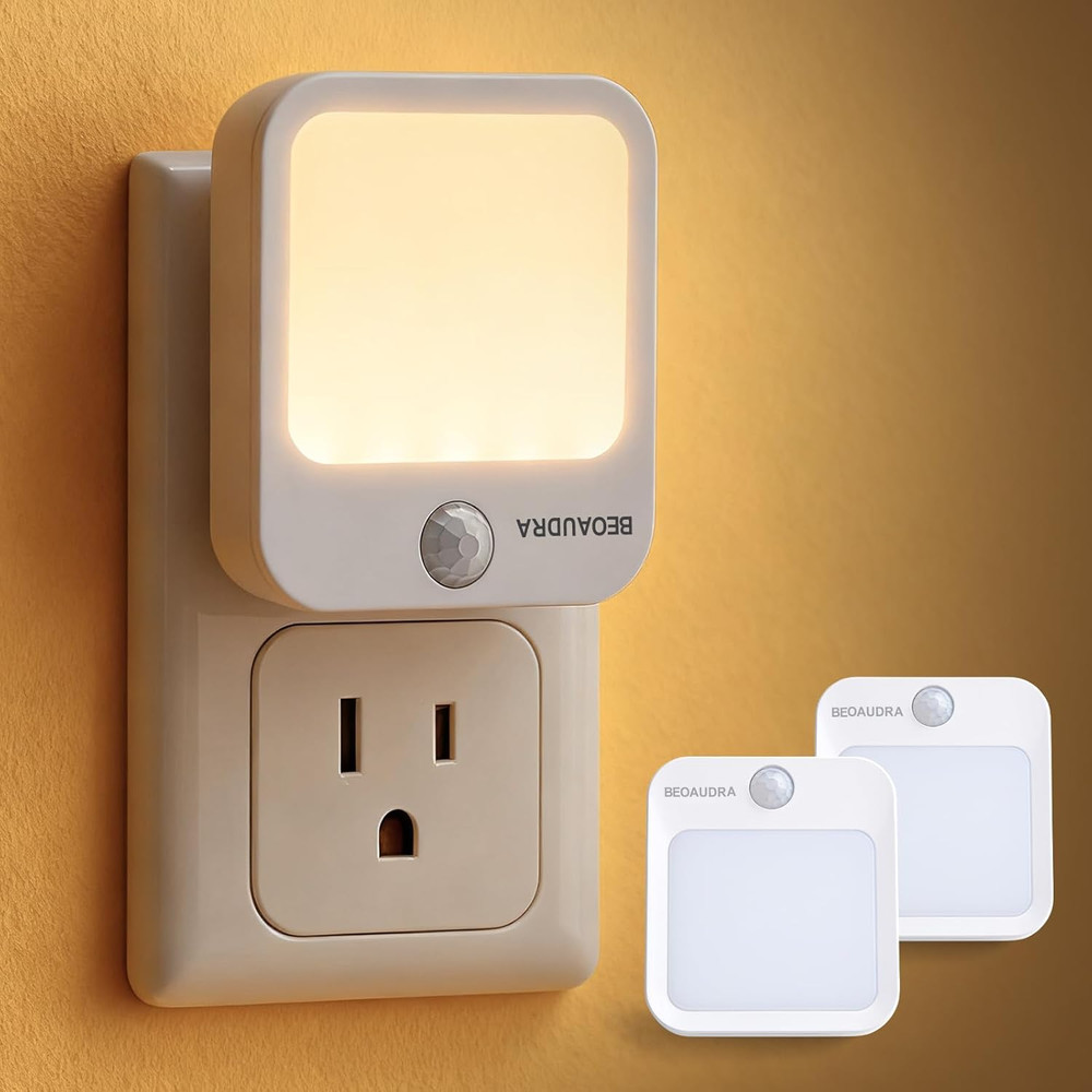 Plug-In Motion Sensor Lights with Adjustable Brightness, Warm White Motion Activ