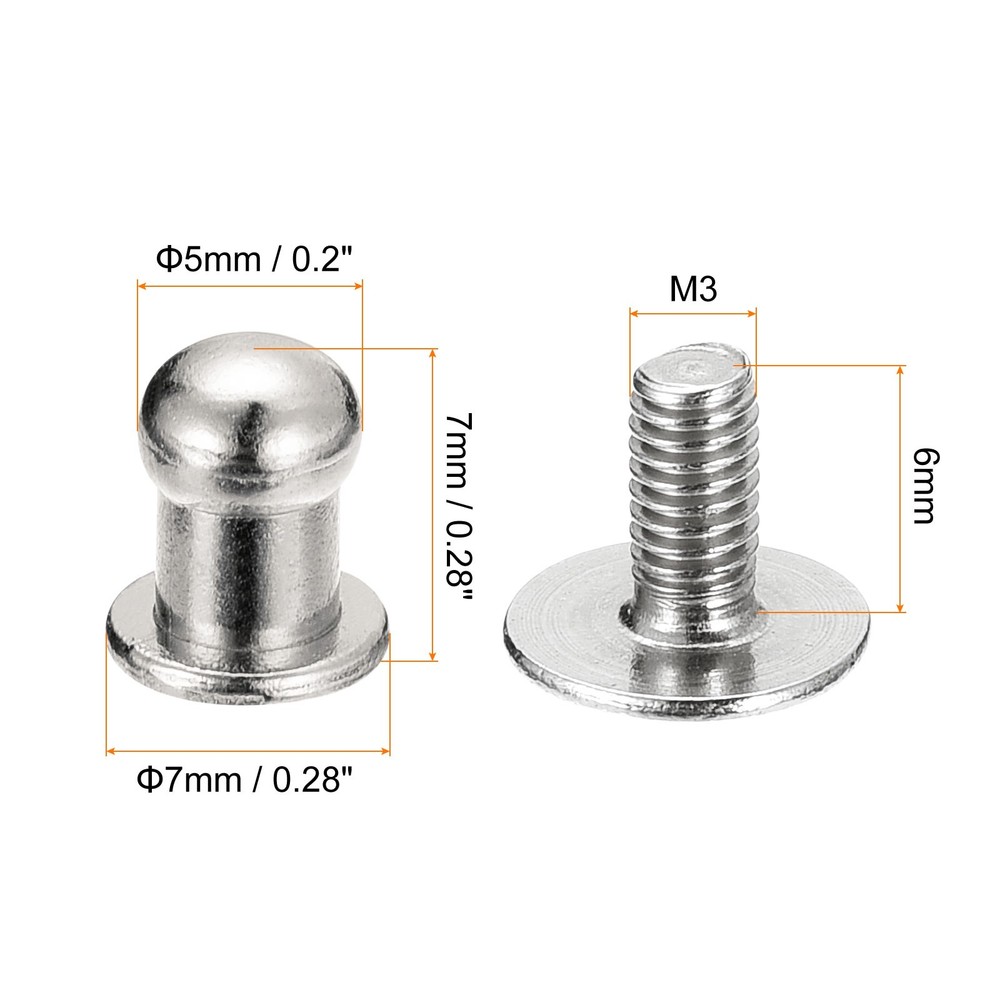 15Pack 5mm Ball Head Stud Rivets Screw Back Round Head Button Silver Tone