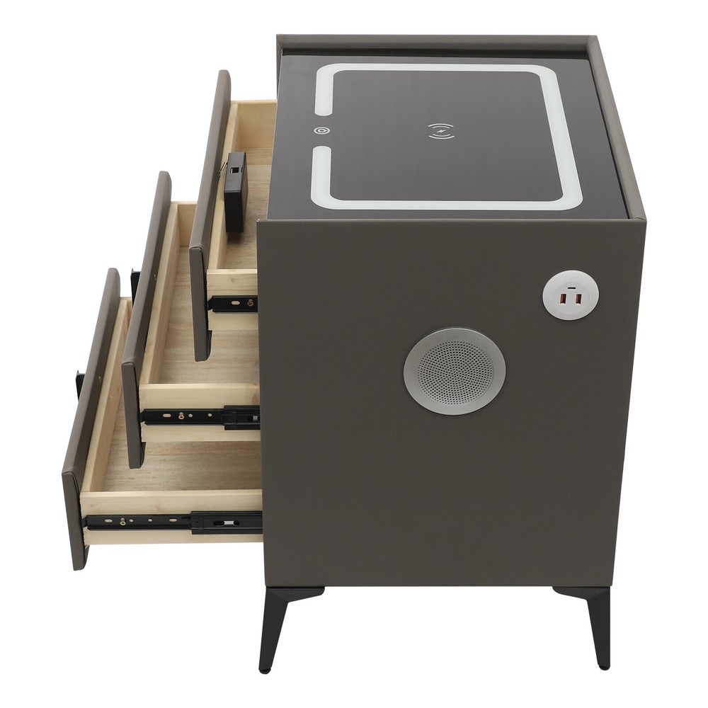 Smart Bedside Table + Three-color Light+Drawers+Usb&wireless Charging Dark Grey