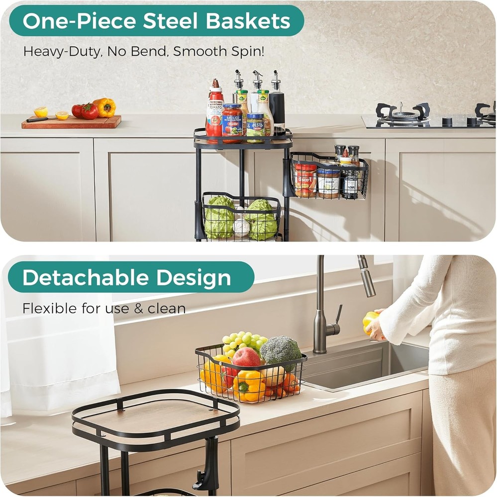 Five-tier kitchen fruit and vegetable storage trolley, rotating basket, black