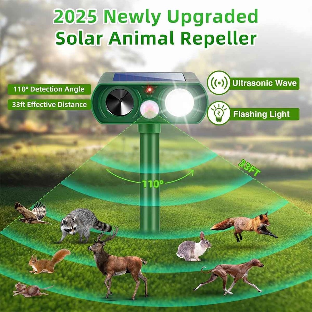 Solar Ultrasonic Animal Repeller for Yard Flash Light Coyote Squirrel 2 Pack