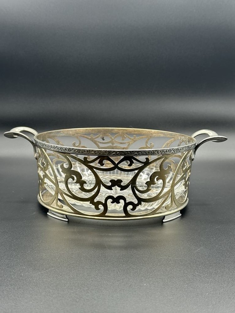 VTG Silverplate Openwork Serving Dish w/ Handles & Glass Insert Monogram MBC EP