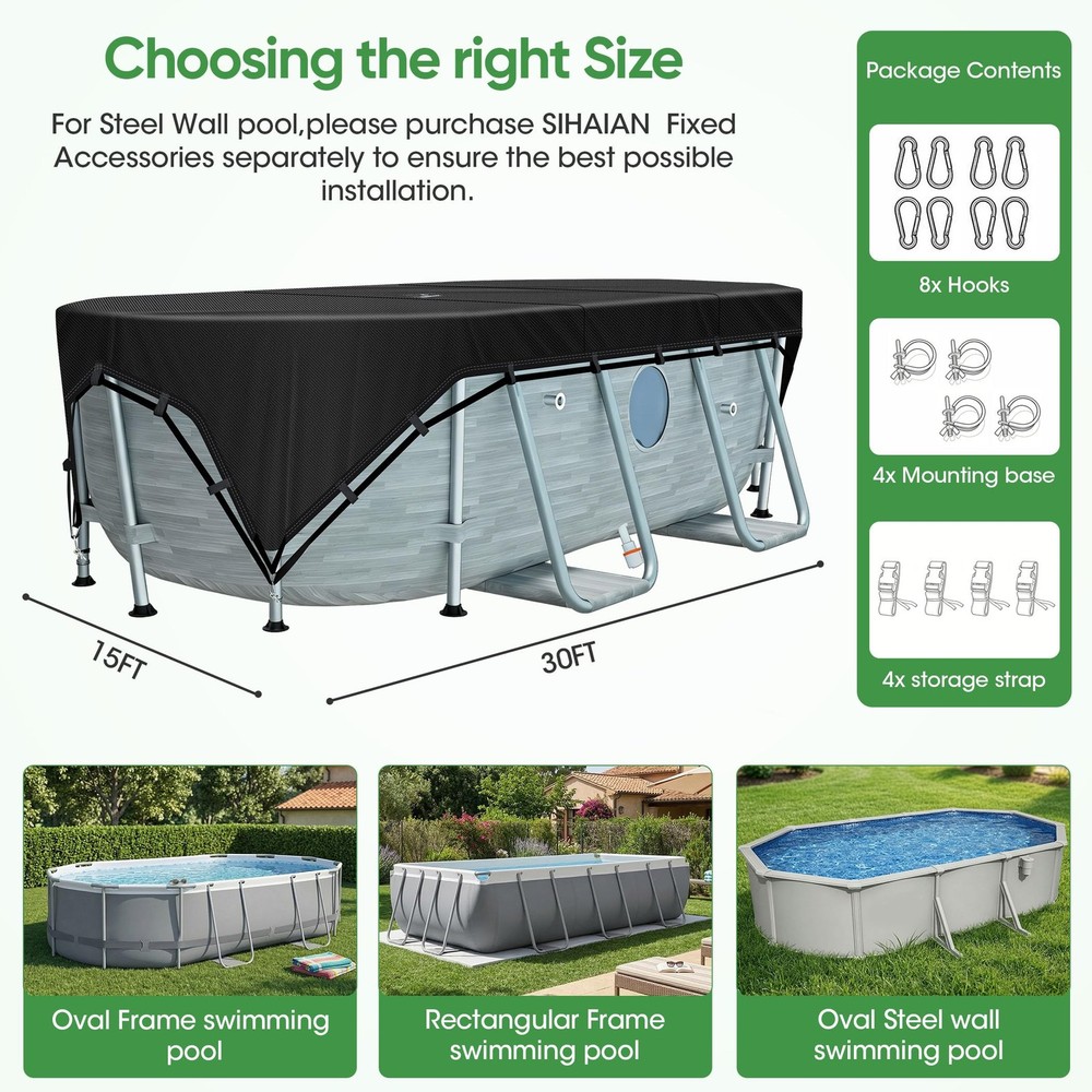 15x30Ft Oval Pool Cover Patented Design Four-Corner Locking 500D Rectangular ...