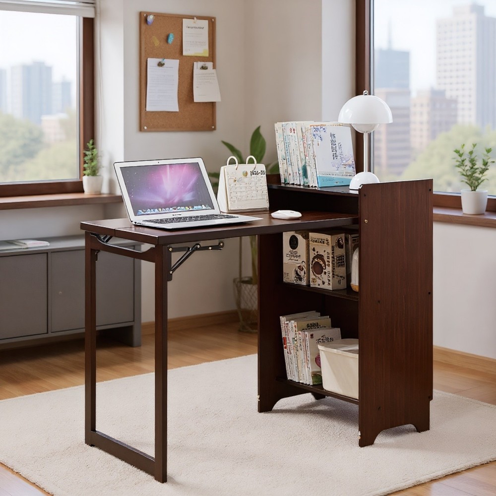 MultiFunctional Bamboo Folding Computer Desk w/ Hidden Storage for Small Space