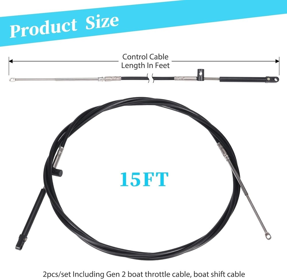 Replacement Throttle and Shift Cables for Marine Force Engines, 15ft 2-Pack