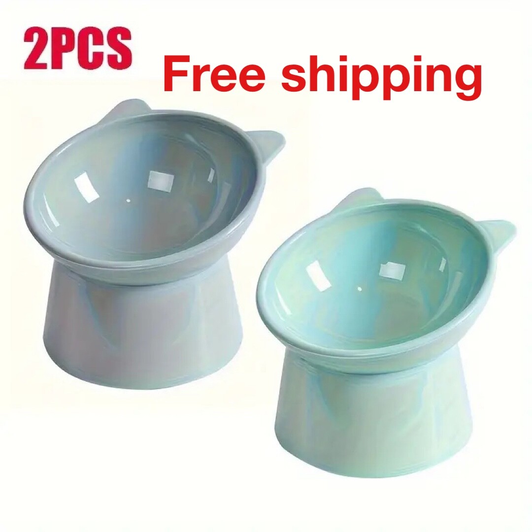 2pcs Raised Cat Bowl Elevated Anti-Tip Food Water Feeding Pet Dish Grey Green