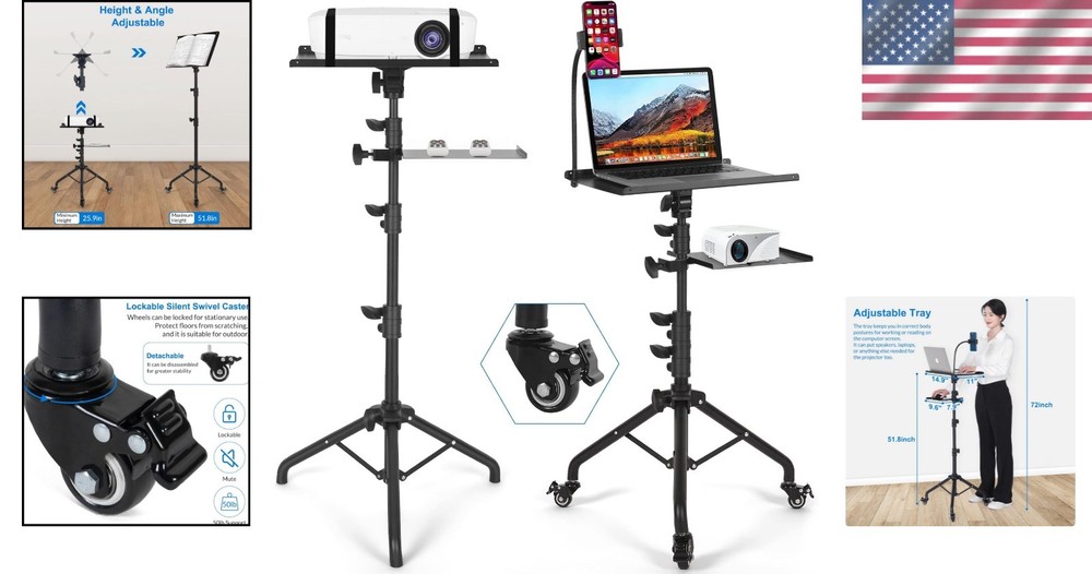 Portable Laptop Stand with Rolling Wheels, Adjustable Height