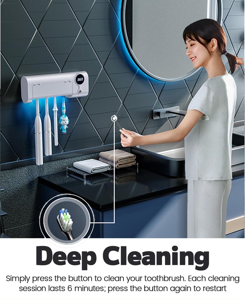 Toothbrush Holder, 4 Toothbrush Slots & Timer Function, Cordless Wall Mounted...