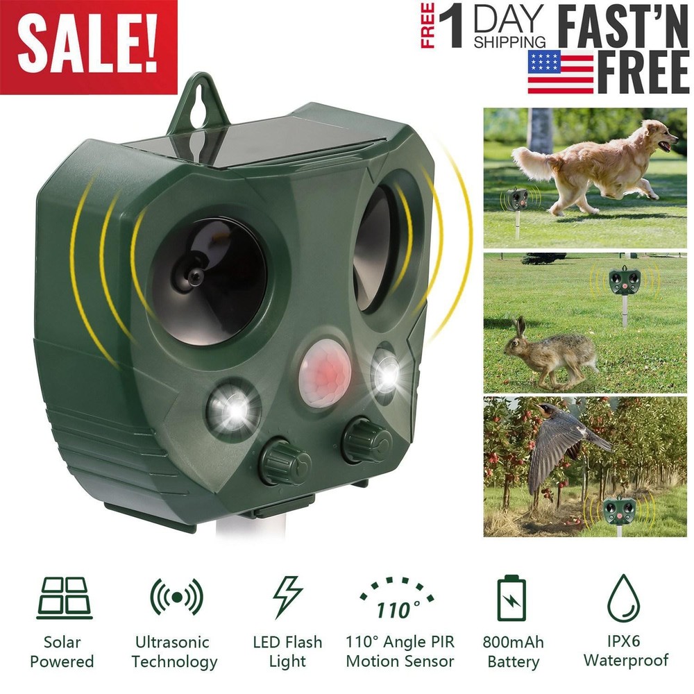 Ultrasonic Animal Repeller Solar Powered Repellent w/ Motion Sensor LED Flashing