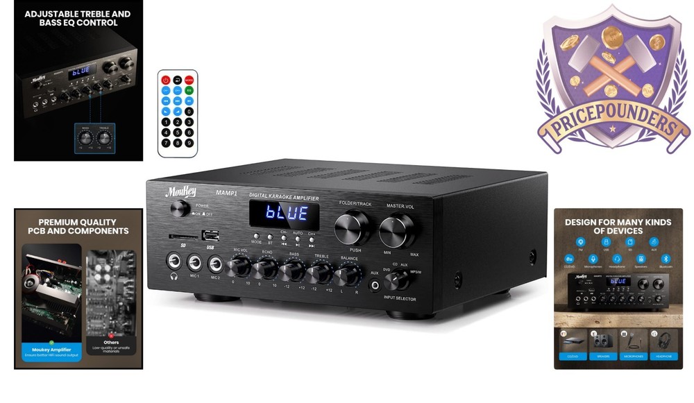 Compact 2.0 Channel Bluetooth Audio Amplifier & Karaoke System with LED Display