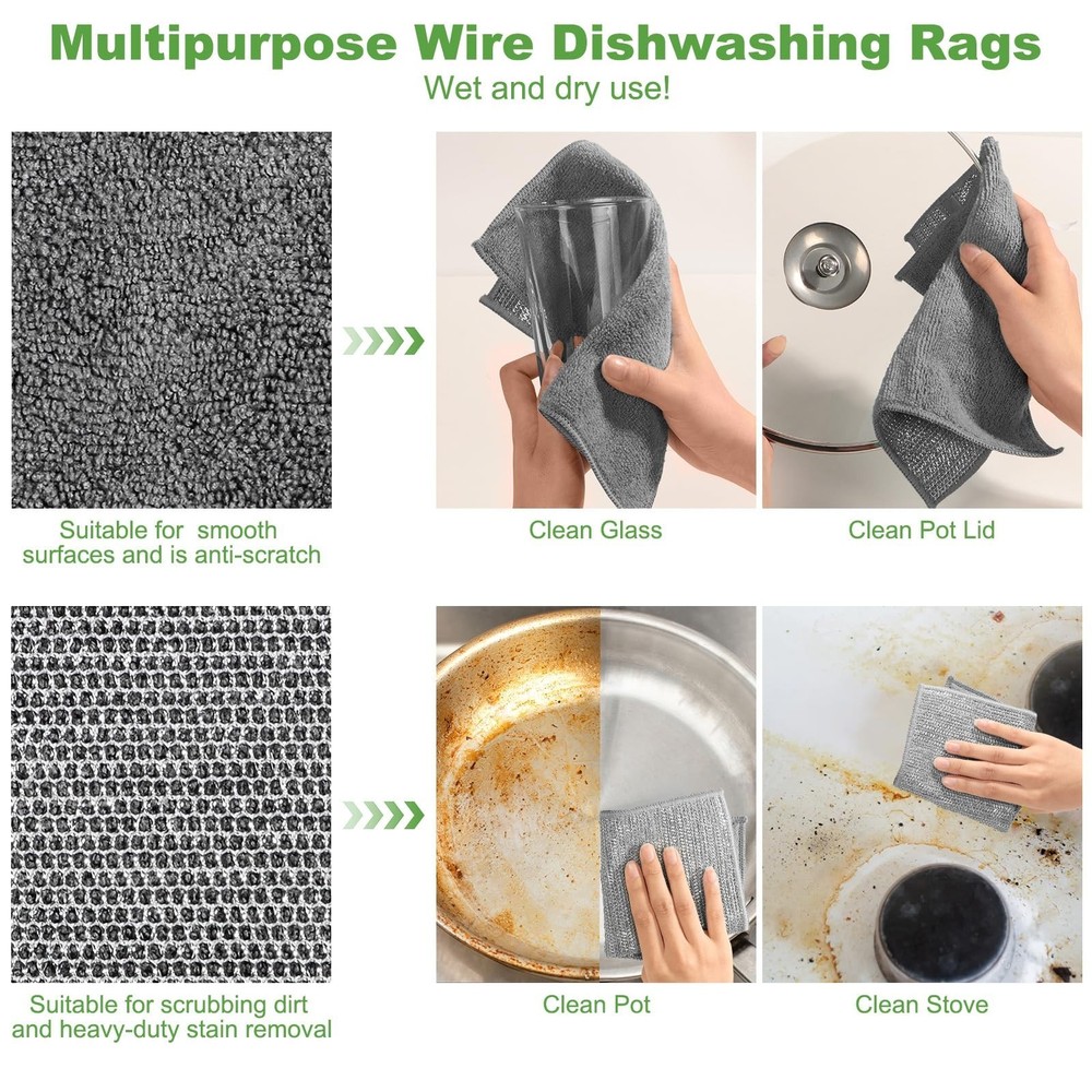 10 Counts Multipurpose Wire Dishwashing Rag,Non Scratch Wire Dishcloth,Microf...