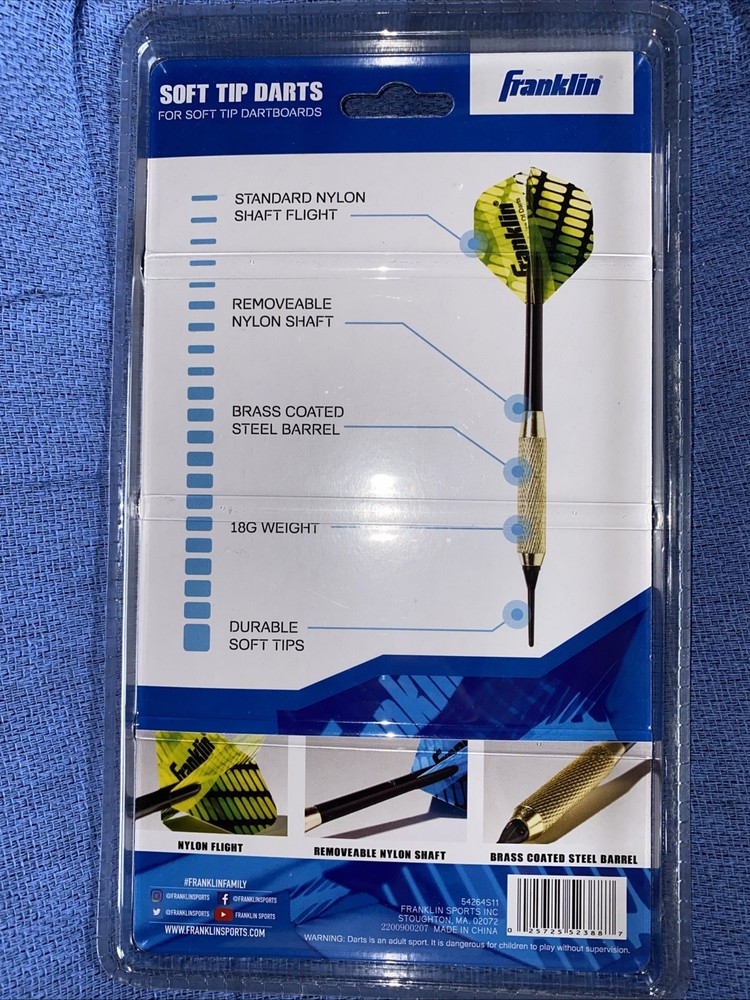 Franklin Soft Tip Throwing Darts - New in Packaging - 6 Pack Yellow/Blue Feather