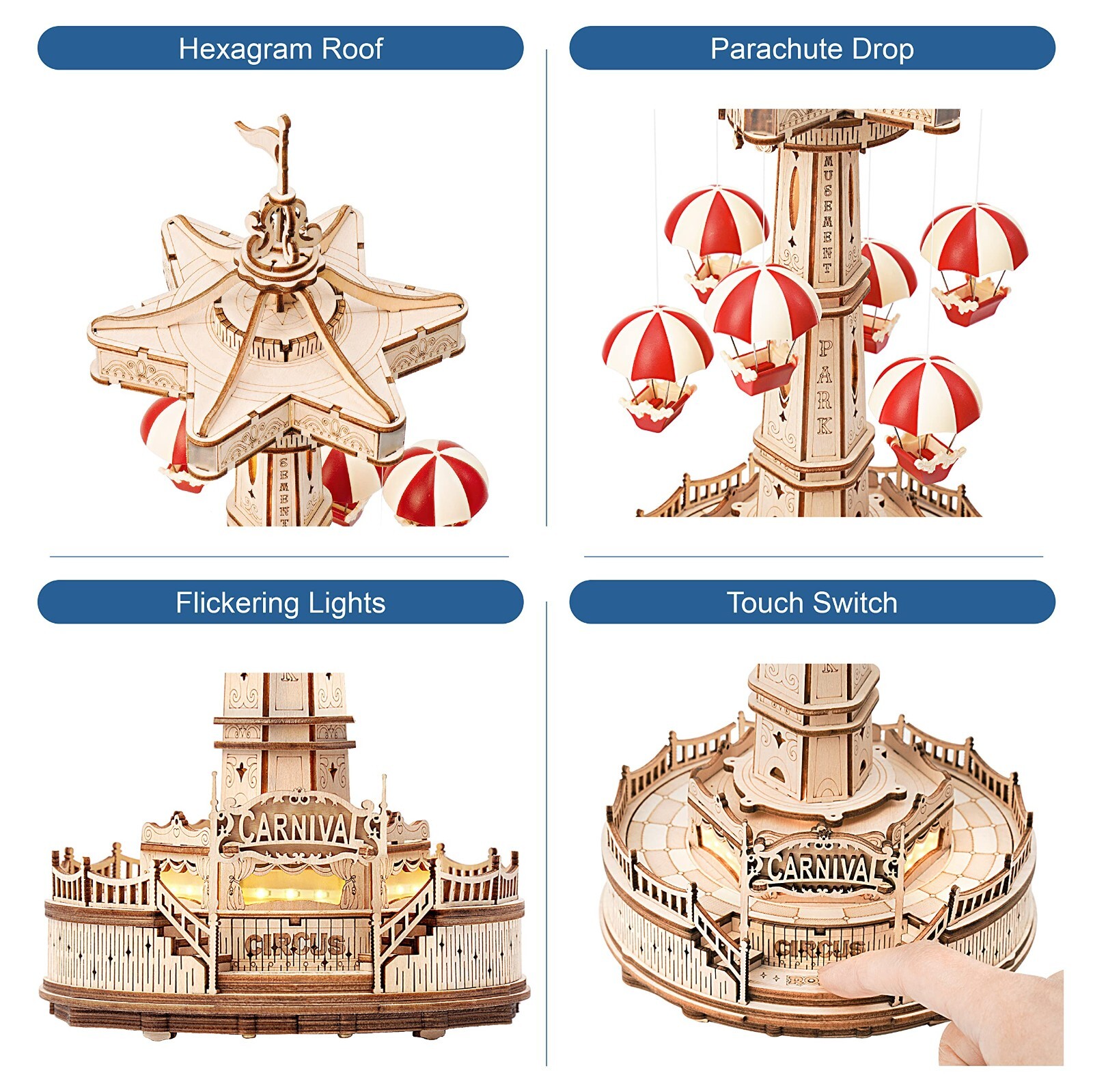 ROKR 4kit Pinball ParachuteTower SwingRide TeaCup MusicBox 3DWoodPuzzle XmasGift