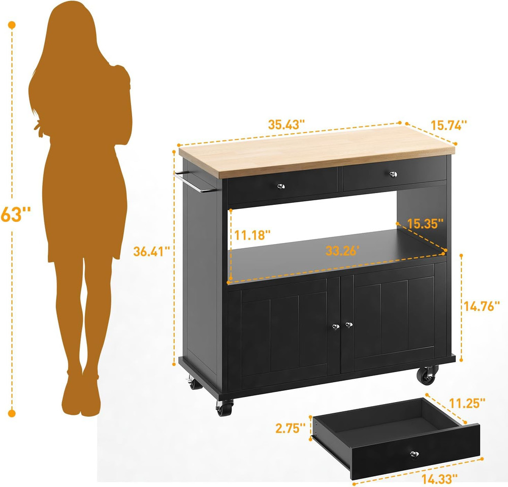 Portable Rolling Kitchen Island with Storage, 2 Drawers & Lockable Wheels