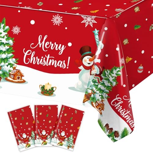 3PCS Christmas Tablecloth Rectangular Plastic Christmas Tablecloth, Winter Red