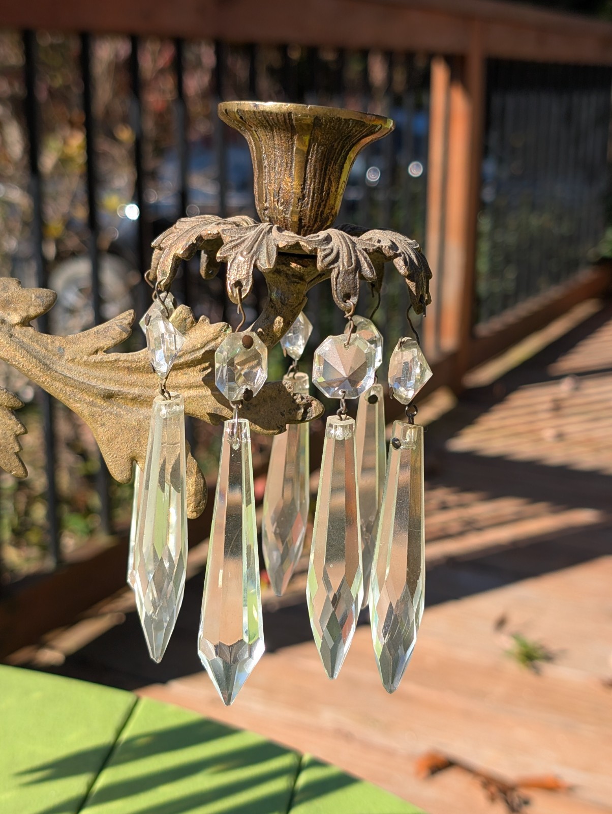 ANTIQUE VICTORIAN BRASS 3 ARM CANDELABRA WITH CRYSTALS & A MARBLE BASE