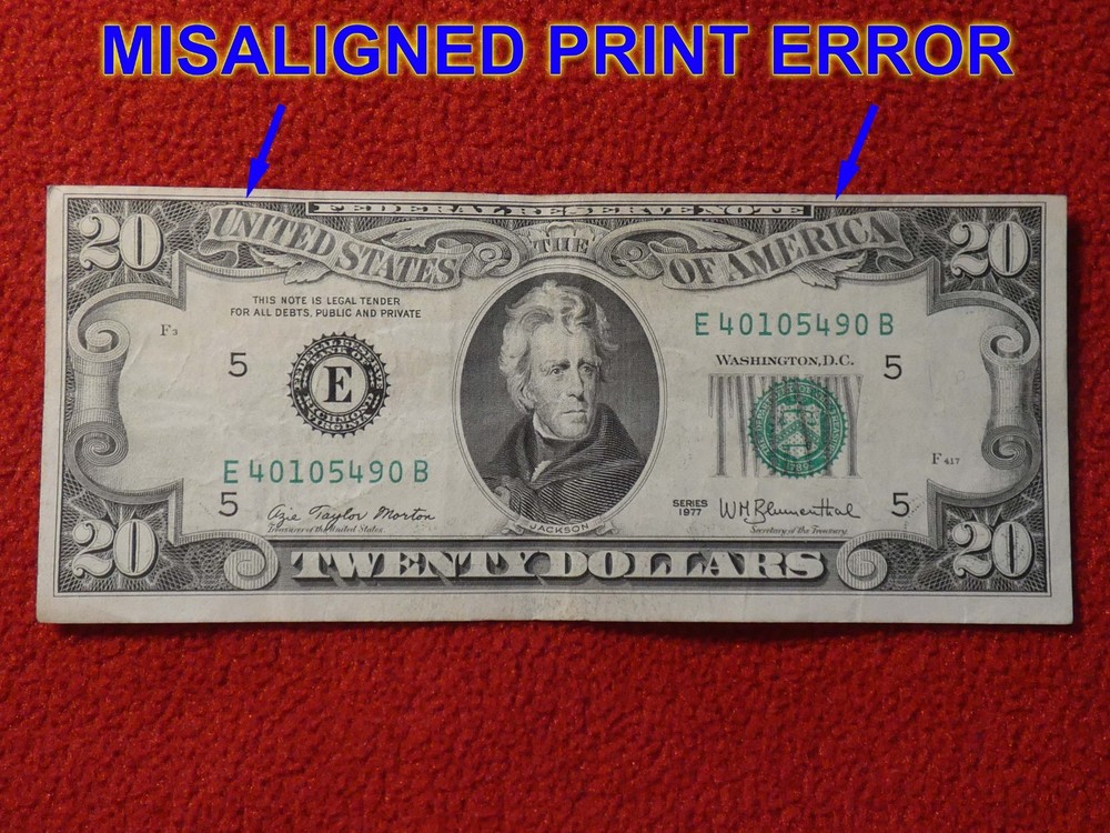 1977 (E) $20 Twenty Dollar Bill Federal Reserve Misalignment Error Note #3519