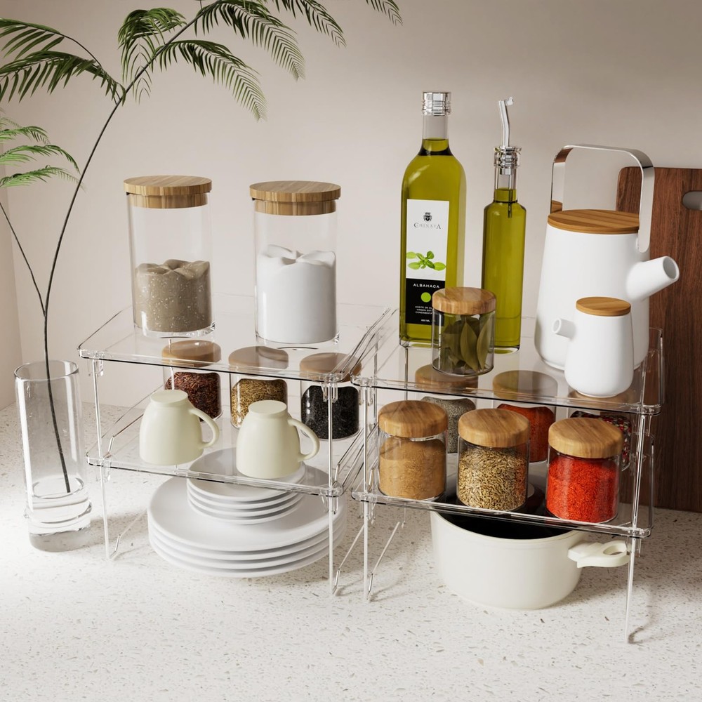 2 Pcs Cabinet Organizer Shelf, Stackable Kitchen Counter Shelves, Spice Rack,...