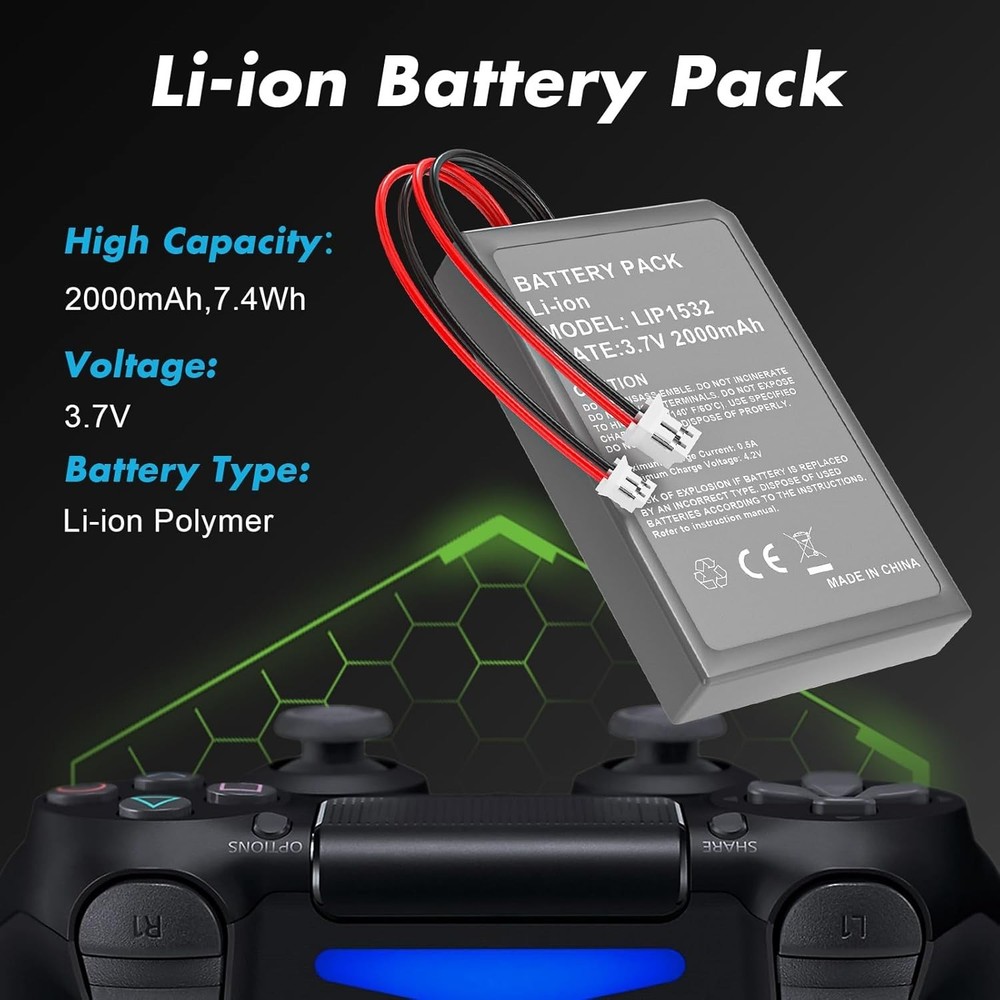 2 Pack 2000mAh Batteries for PS4Pro/PS4Slim Controller,Replacement Lithium Ba...