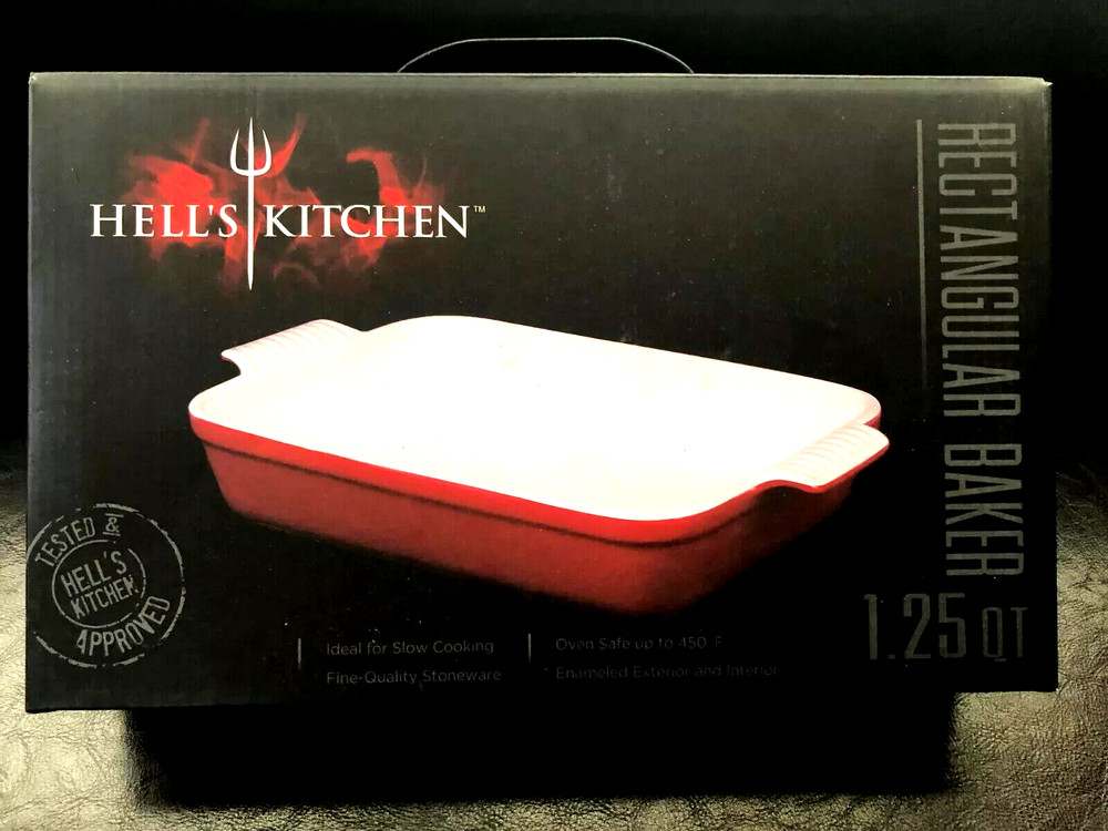 HELLS KITCHEN Red Enameled Stoneware 10 x 7 RECTANGULAR BAKER 1.25 qt RAMSAY