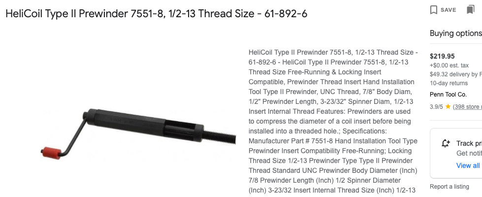 One 1/2-13 Heli-Coil Inserting Tool #7551-8 with 10 inserts
