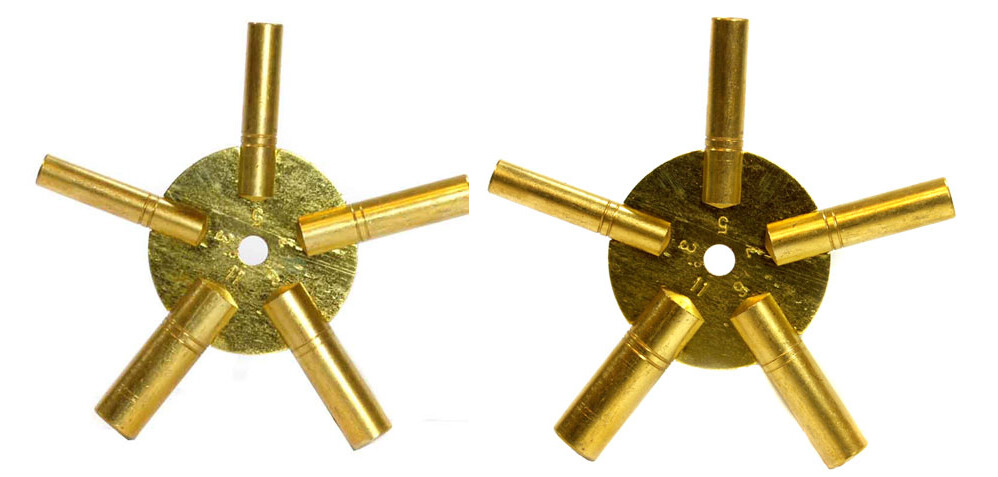 Sluice Monkey 2 Pc Clock Winding Brass Key Set Even & Odd Numbers Clock Keys