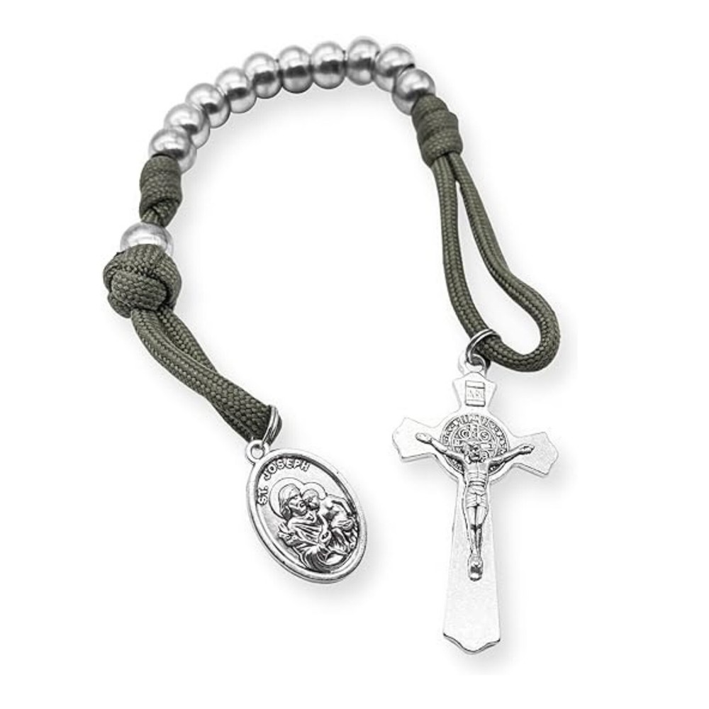 One Decade Military Paracord Rosary Silver Beads Pocket Rosary St. Joseph Medal