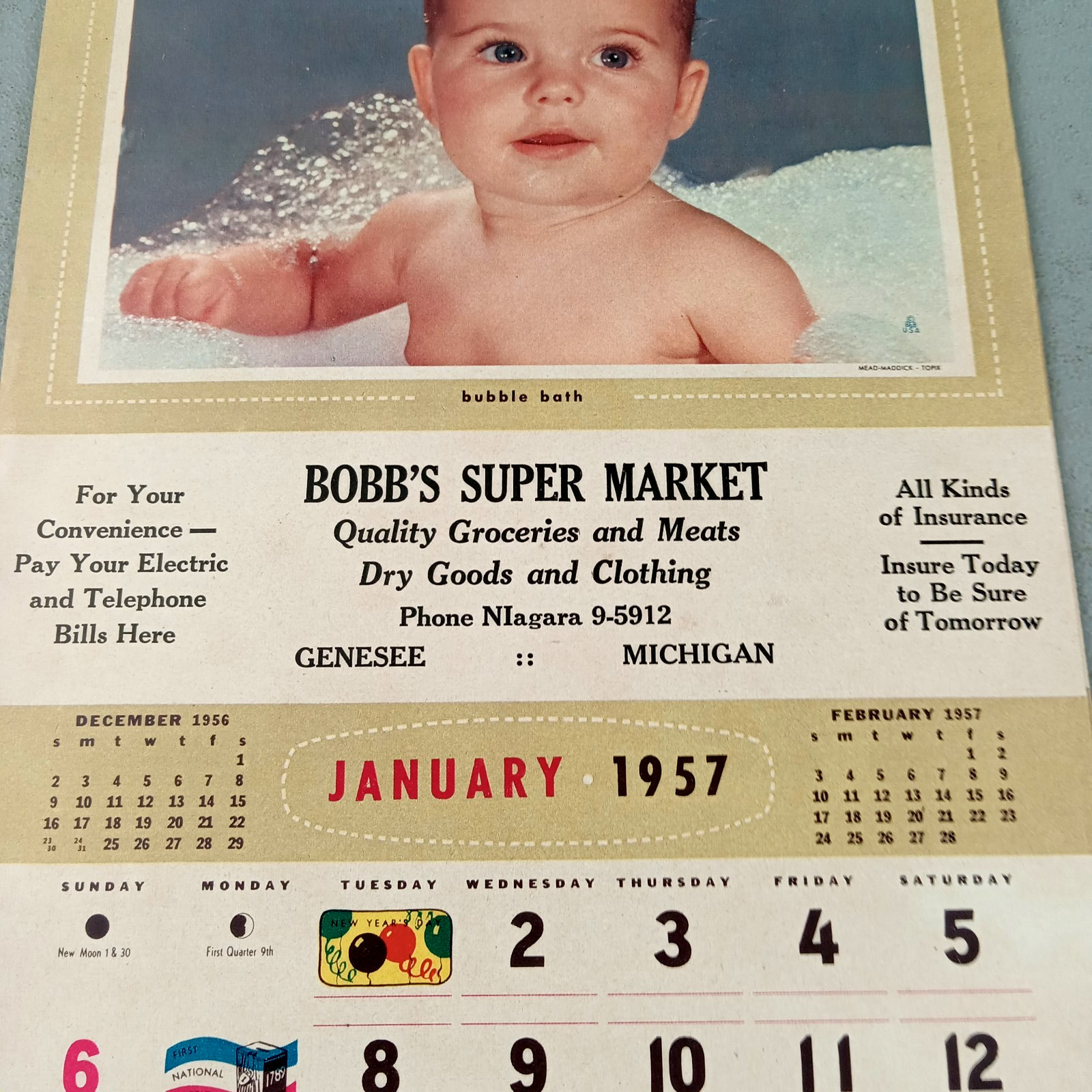 Vintage 1957 BOBB'S SUPER MARKET Genesee, Michigan Advertising Wall Calendar
