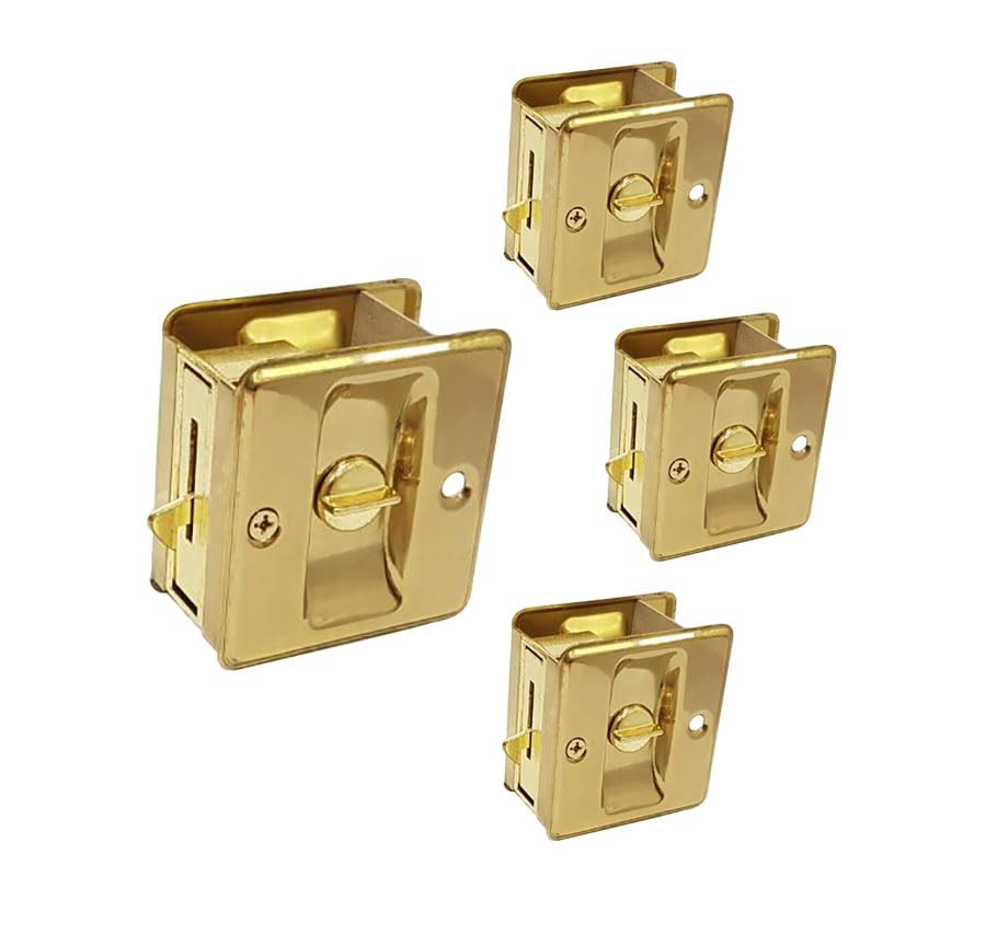 QCAA Solid Brass Sliding Door Pull Pocket Handle, Polished, Lockable, 4 Pack
