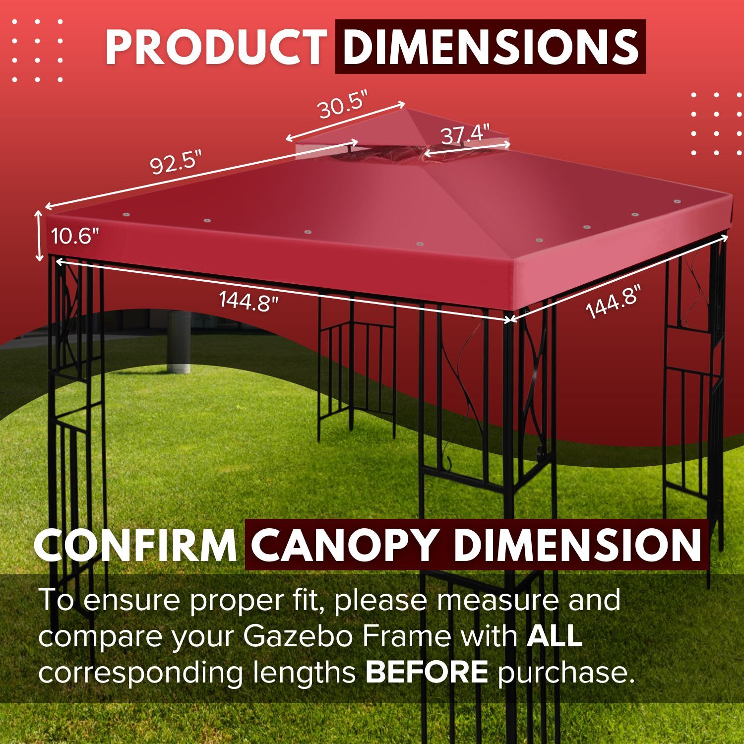 12 x 12 Feet Gazebo Canopy Top Replacement Cover 2Tier UV30 Garden Patio Red